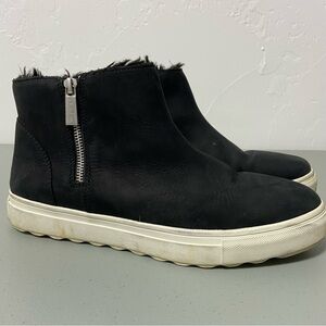 J/Slides Black Ankle Chukka Bootie Women 11M Leather Upper Faux Fur Zip Closure